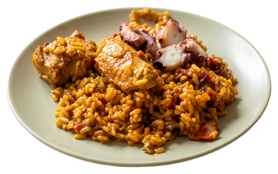 Plato de arroz con pollo y pulpo