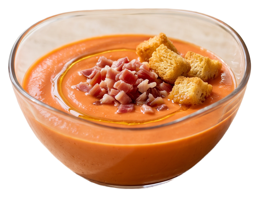 Cuenco de cristal con salmorejo, taquitos de jamón y picatostes