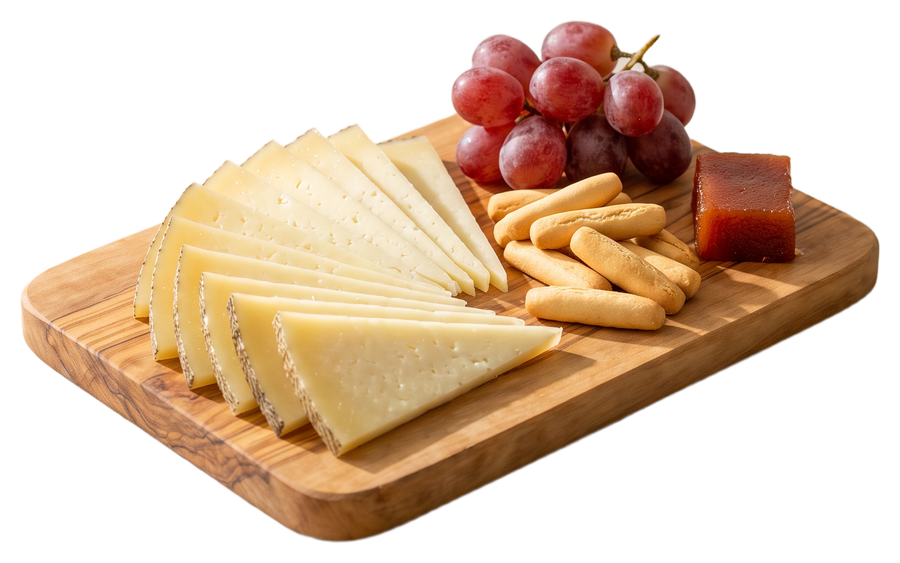 Tabla de olivo con queso curado en abanico, uvas, picos y membrillo